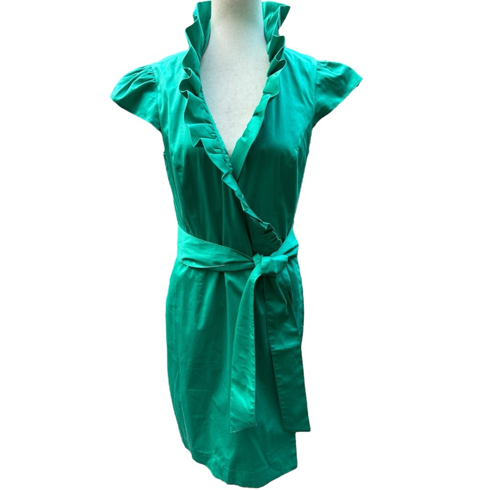 Elizabeth McKay Green Ruffle Wrap Dress Size 8 Preppy Chic Belted Country Club S